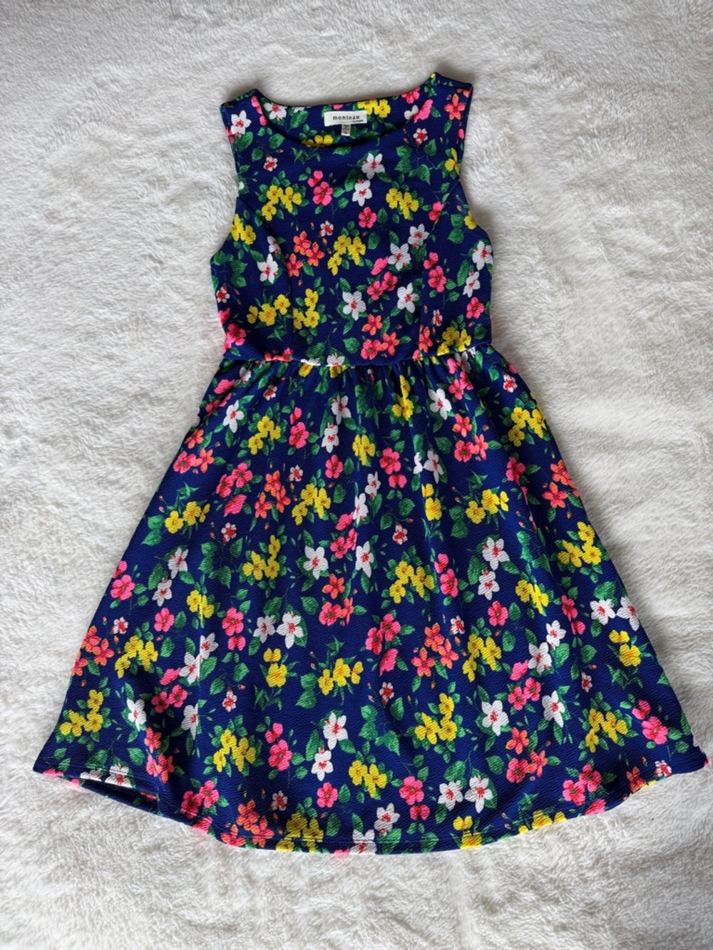 Monteau Navy Floral Sleeveless Mini Dress with Pink Yellow White Blooms